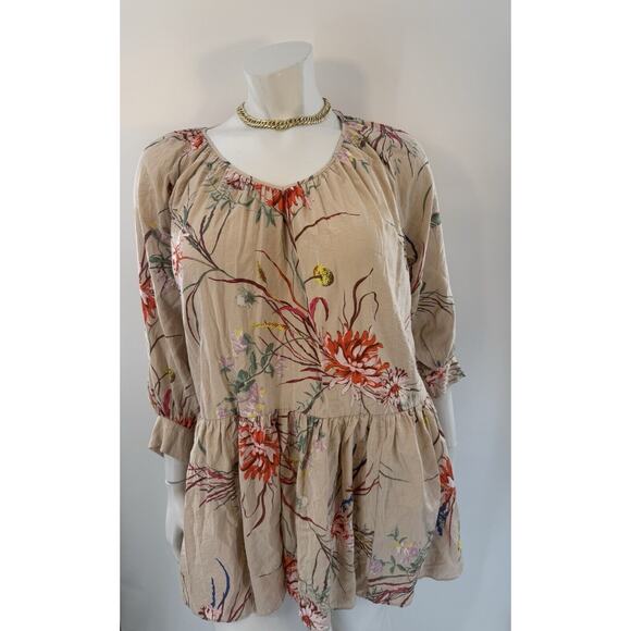 H&M Tops - H&M Euc Size Small Women’s Beige Floral Ruffle Chiffon Long Sleeve Blouse